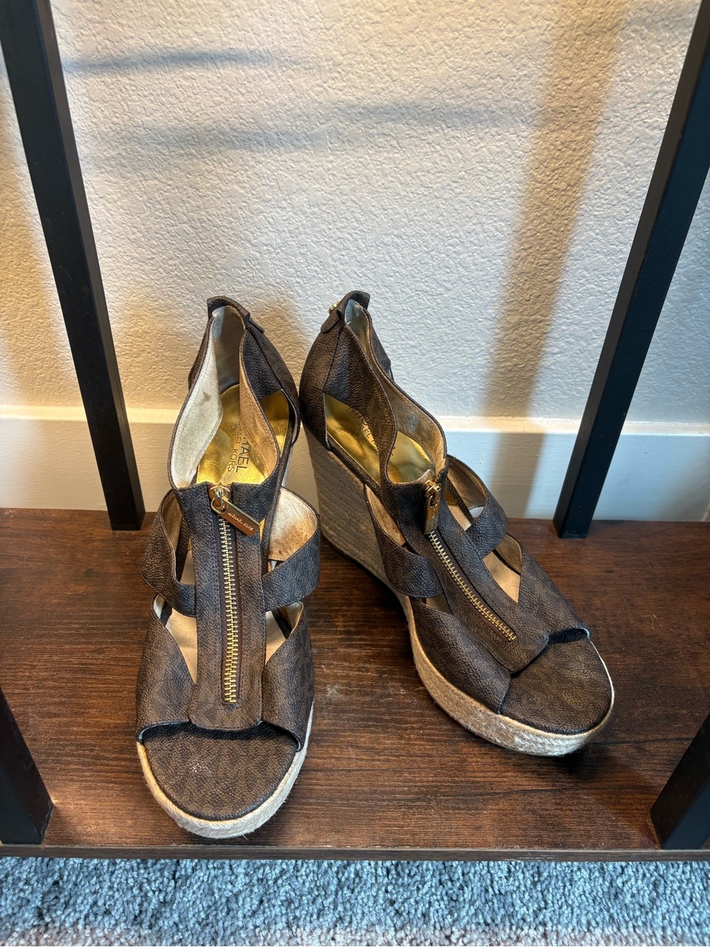 Michael Kors Dark Brown Zipper Espadrille Wedge Sandals
